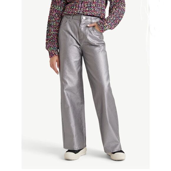 Girls Wide Leg Silver Denim Pleather Pants Size 12 - Picture 5 of 7
